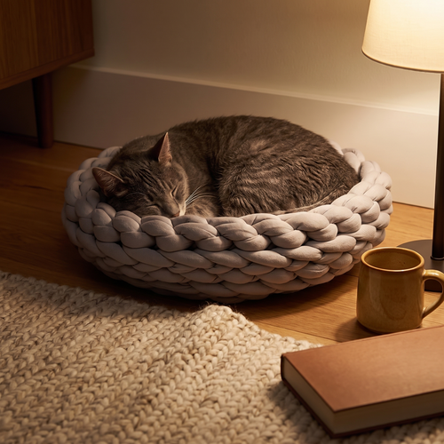 Skein | Round Knitted Flexible Cat Bed in Grey