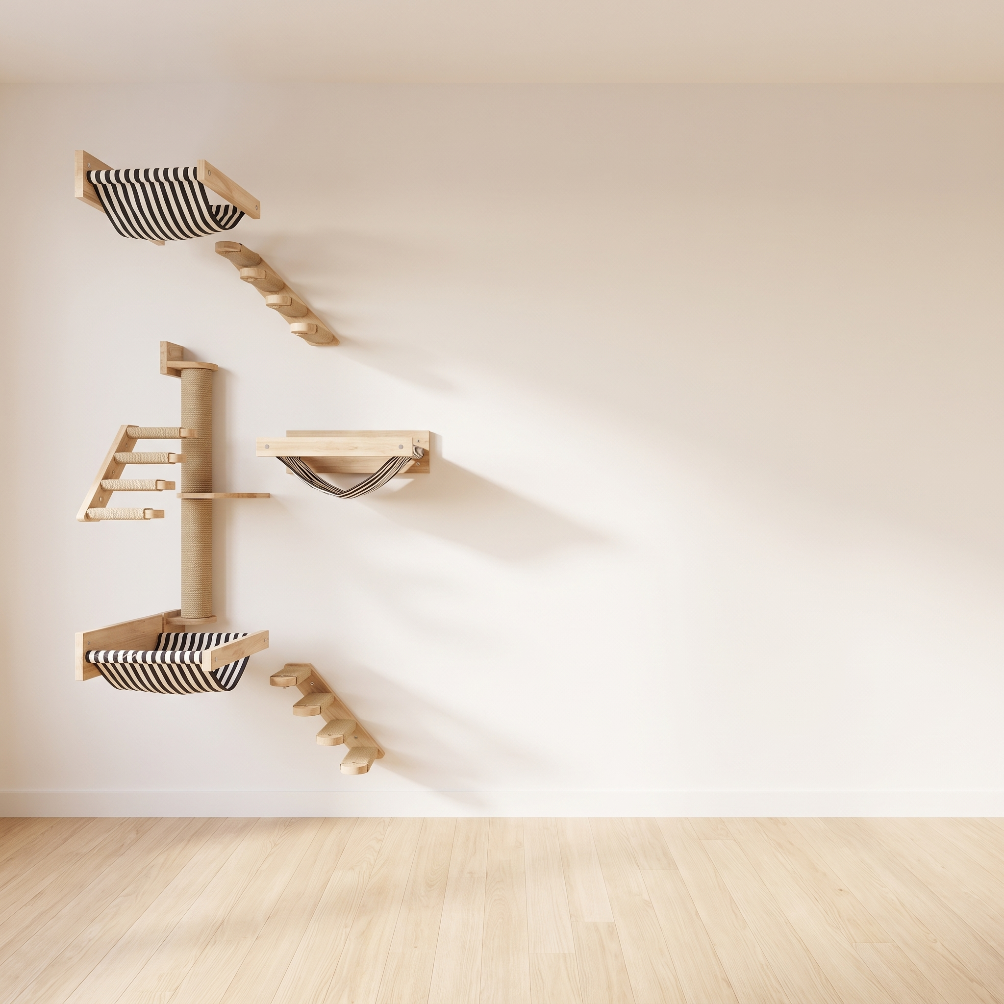Terrace wall mounted cat climbing shelves on a plain warm off-white wall in a minimal room