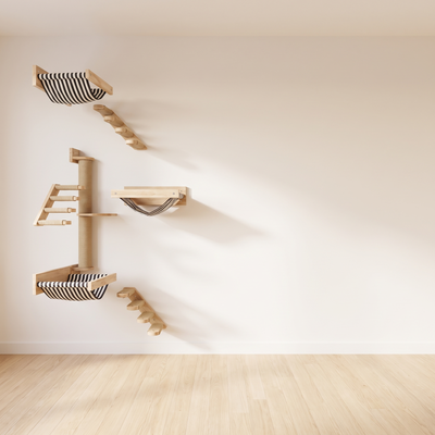 Terrace wall mounted cat climbing shelves on a plain warm off-white wall in a minimal room