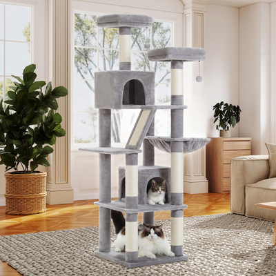Strata multi level cat tree tower with condo and hammock on a plain white background