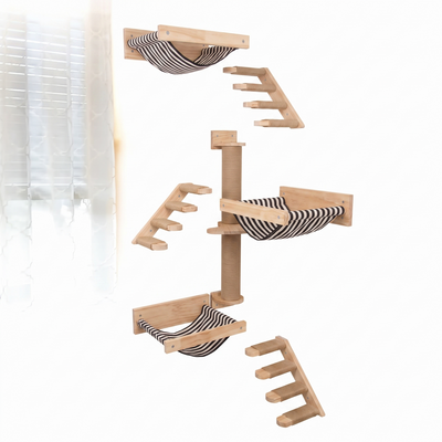 Terrace modular wall mounted cat climbing shelves and rope ladder on a plain white background