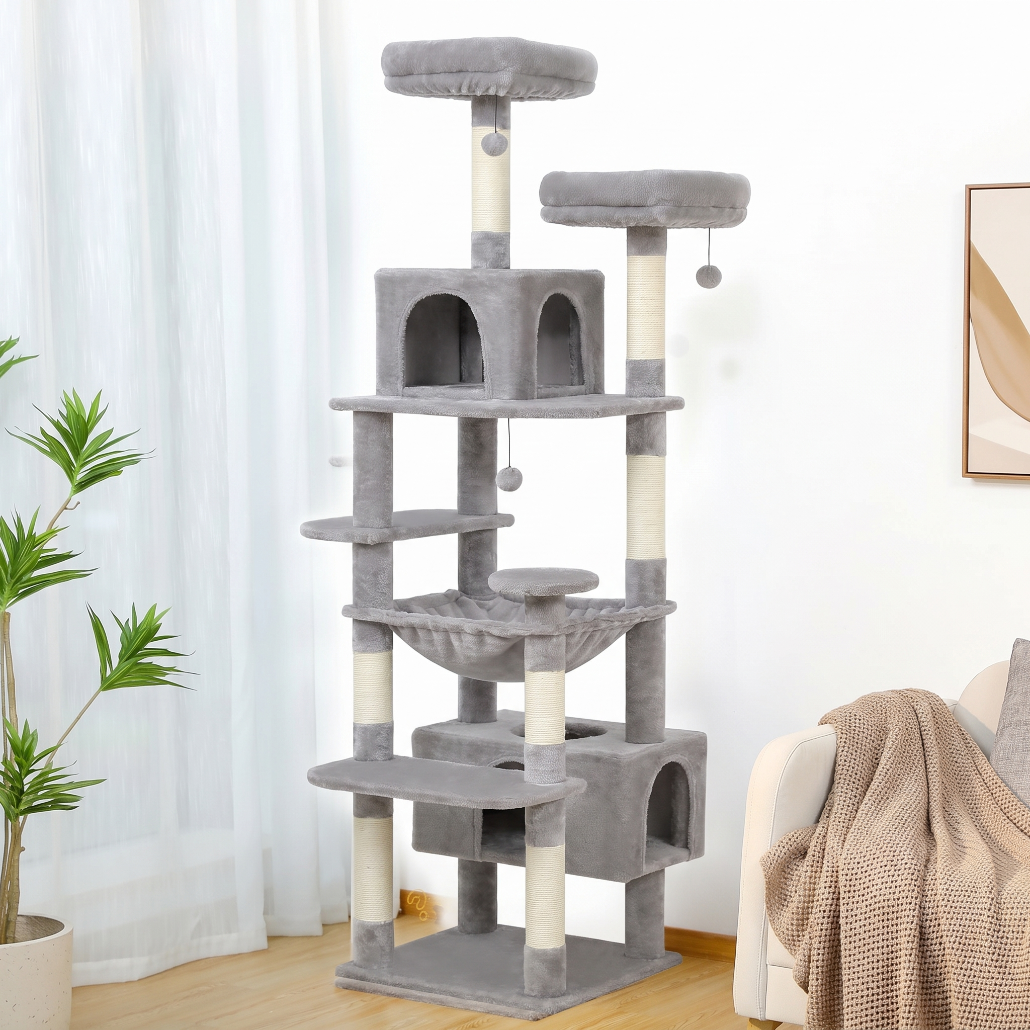 Summit large cat tower with sisal posts, hammock and padded perches on a plain white background