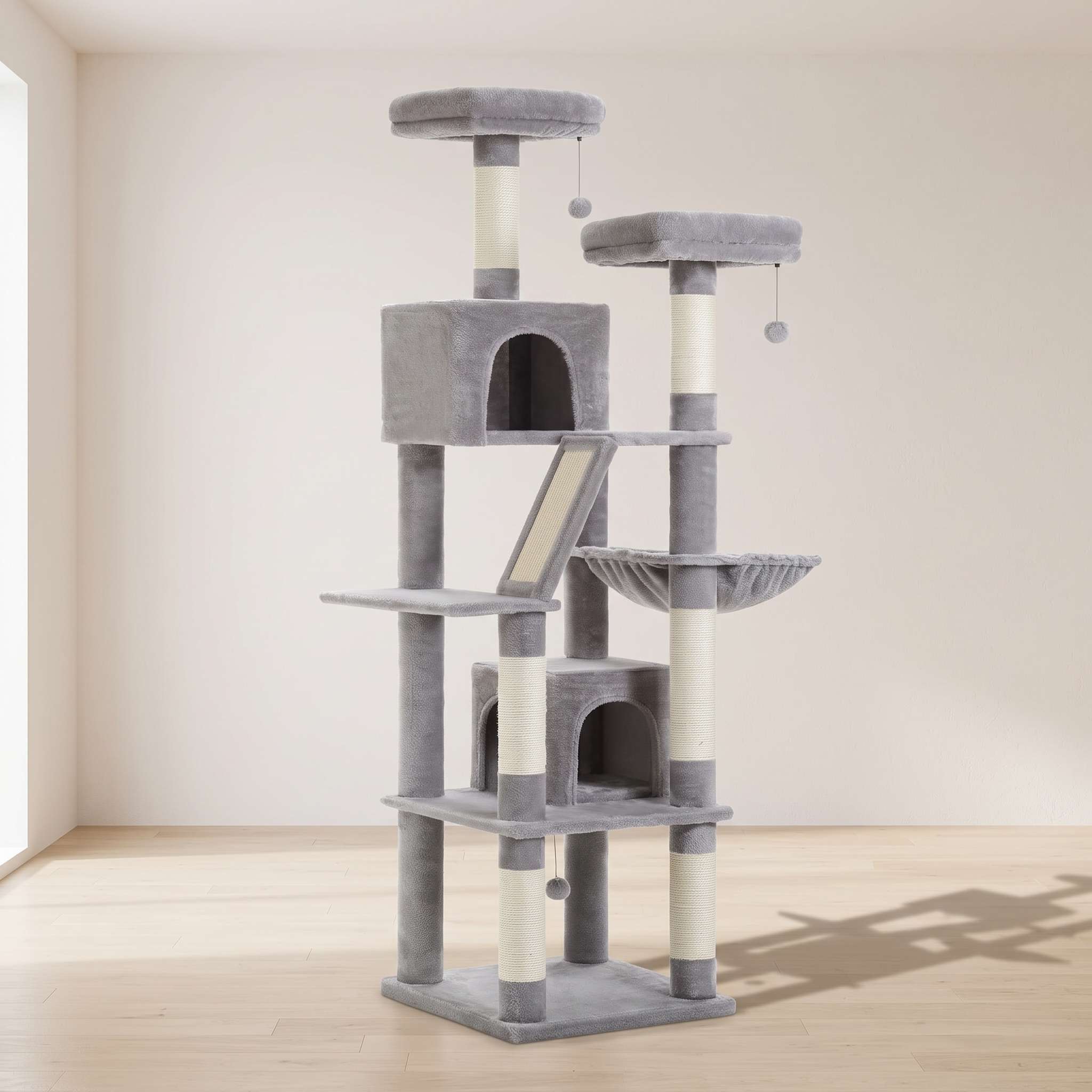 Strata multi level cat tree tower in a minimal room against a warm off-white wall