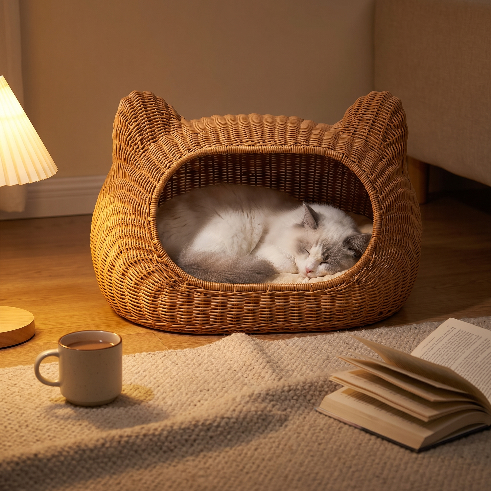 Verano rattan cat villa in warm evening light with a cat curled asleep inside