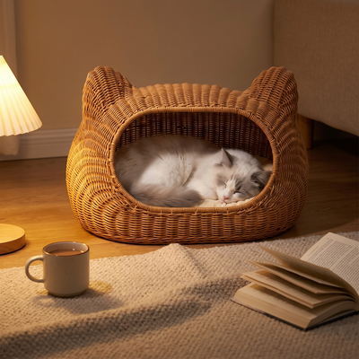 Verano rattan cat villa in warm evening light with a cat curled asleep inside