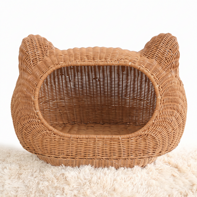 Verano woven rattan cat villa with removable roof on a plain white background