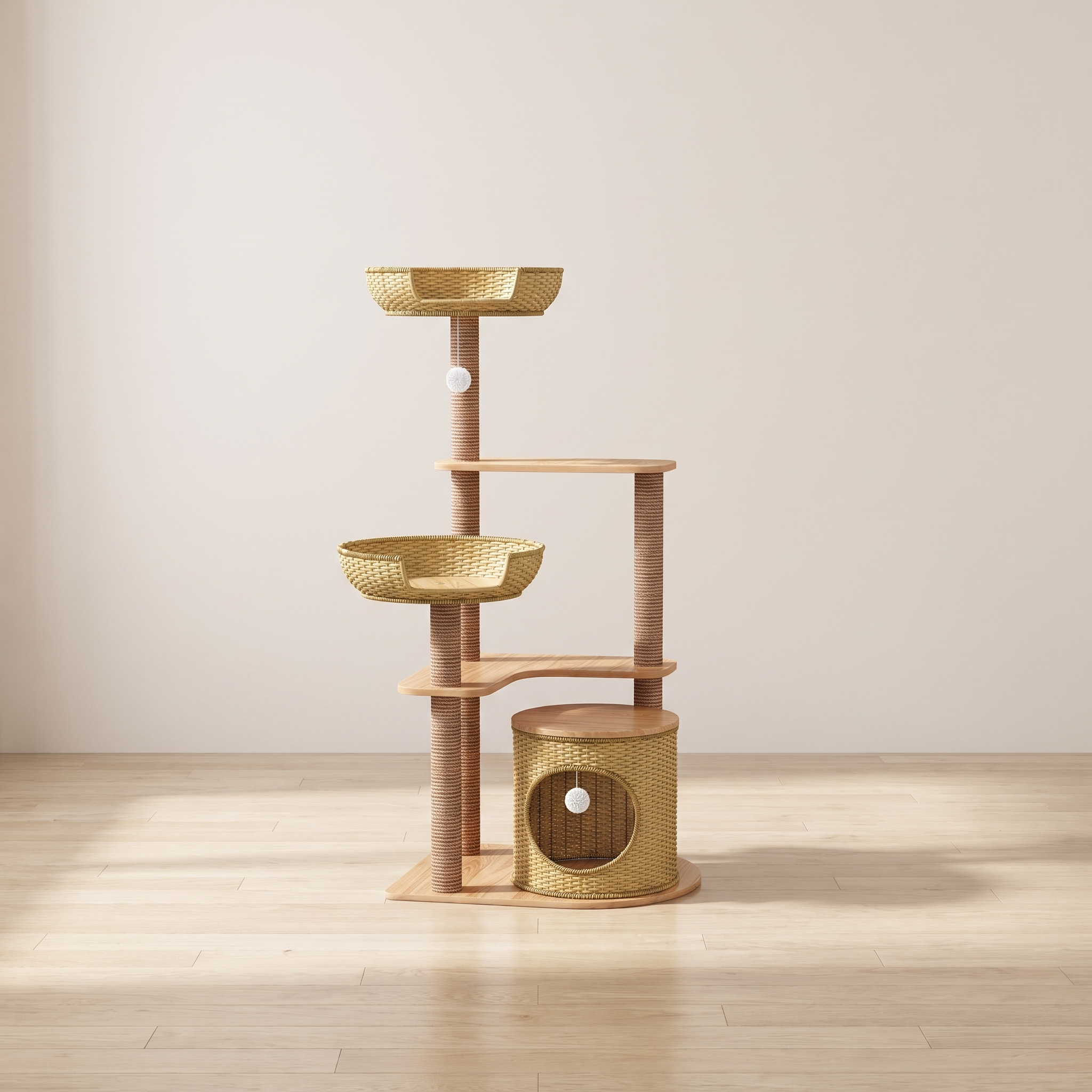 Vantage rattan cat climbing frame in a minimal room against a warm off-white wall