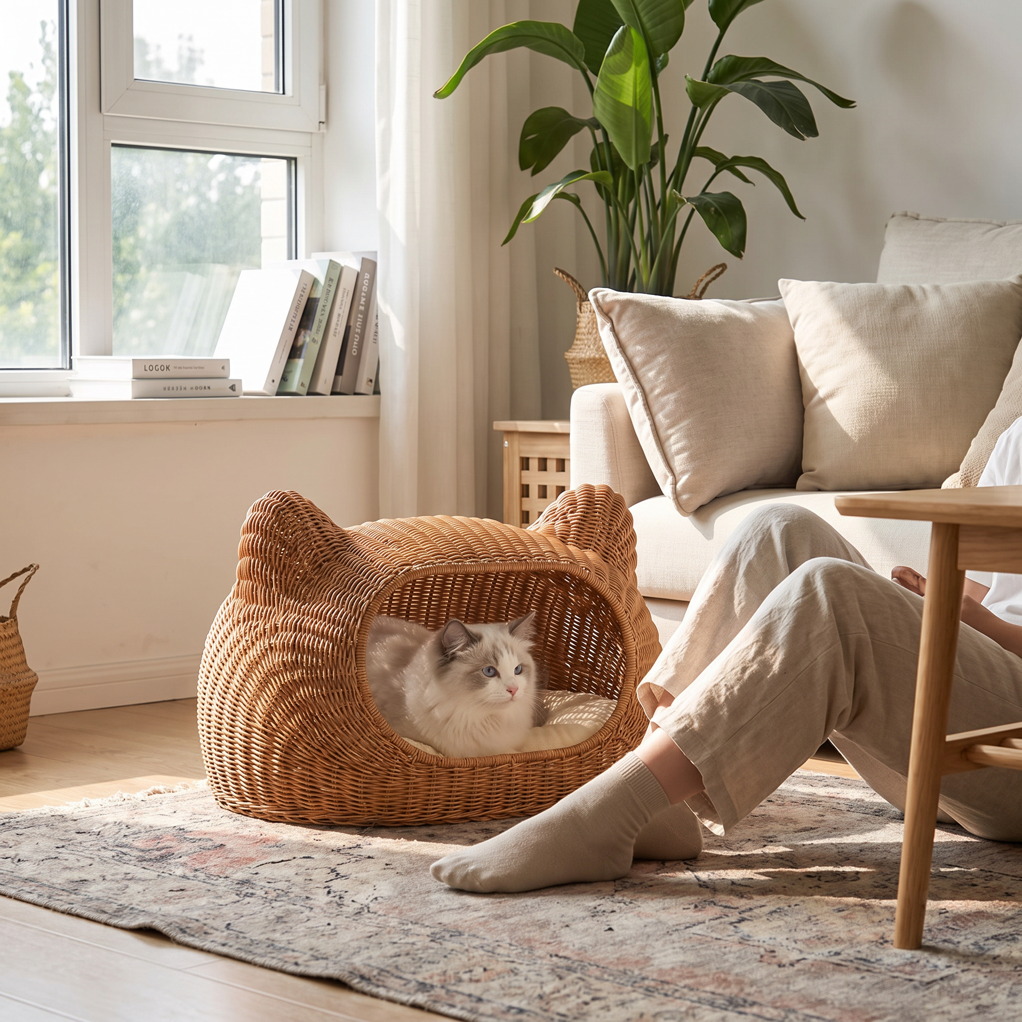 Verano woven rattan cat villa in a lived-in room with a cat looking out of the doorway