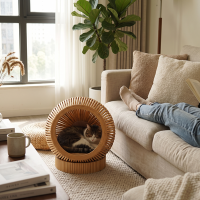 Verdano bamboo vine woven pet bed in a lived-in room with a cat curled inside
