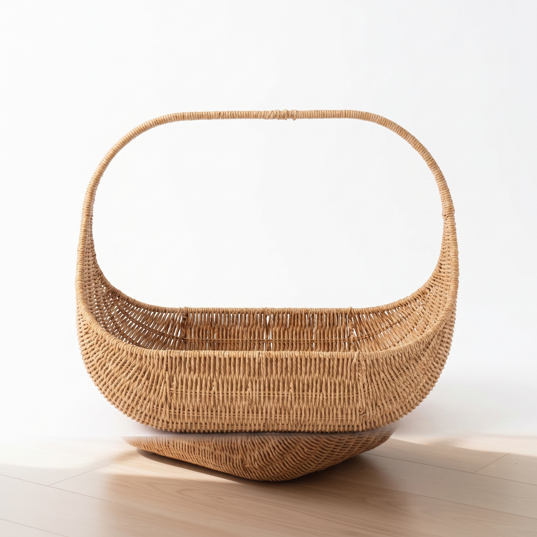 Willow handwoven wicker cat basket bed on a plain white background