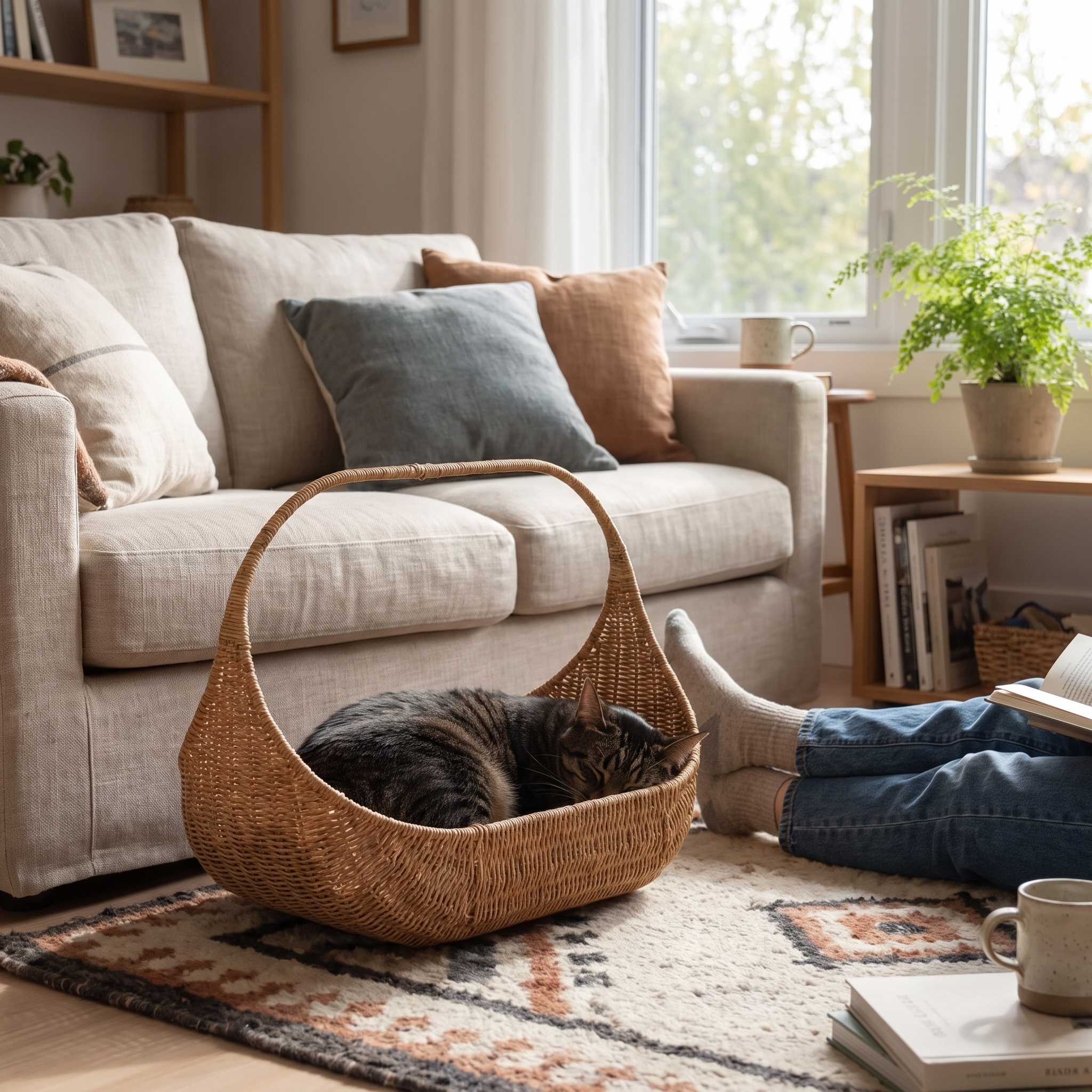 Willow handwoven wicker cat basket bed in a lived-in room with a cat curled inside